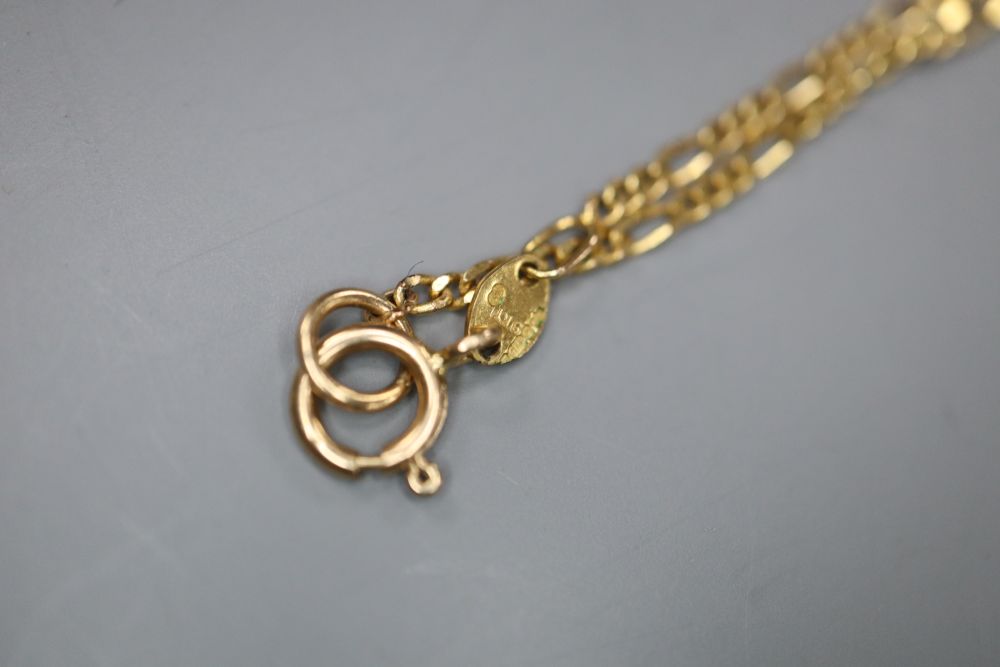 A 9ct gold, sapphire and diamond heart-shaped pendant on 9ct gold fine chain, pendant 22mm, gross 4.3 grams.